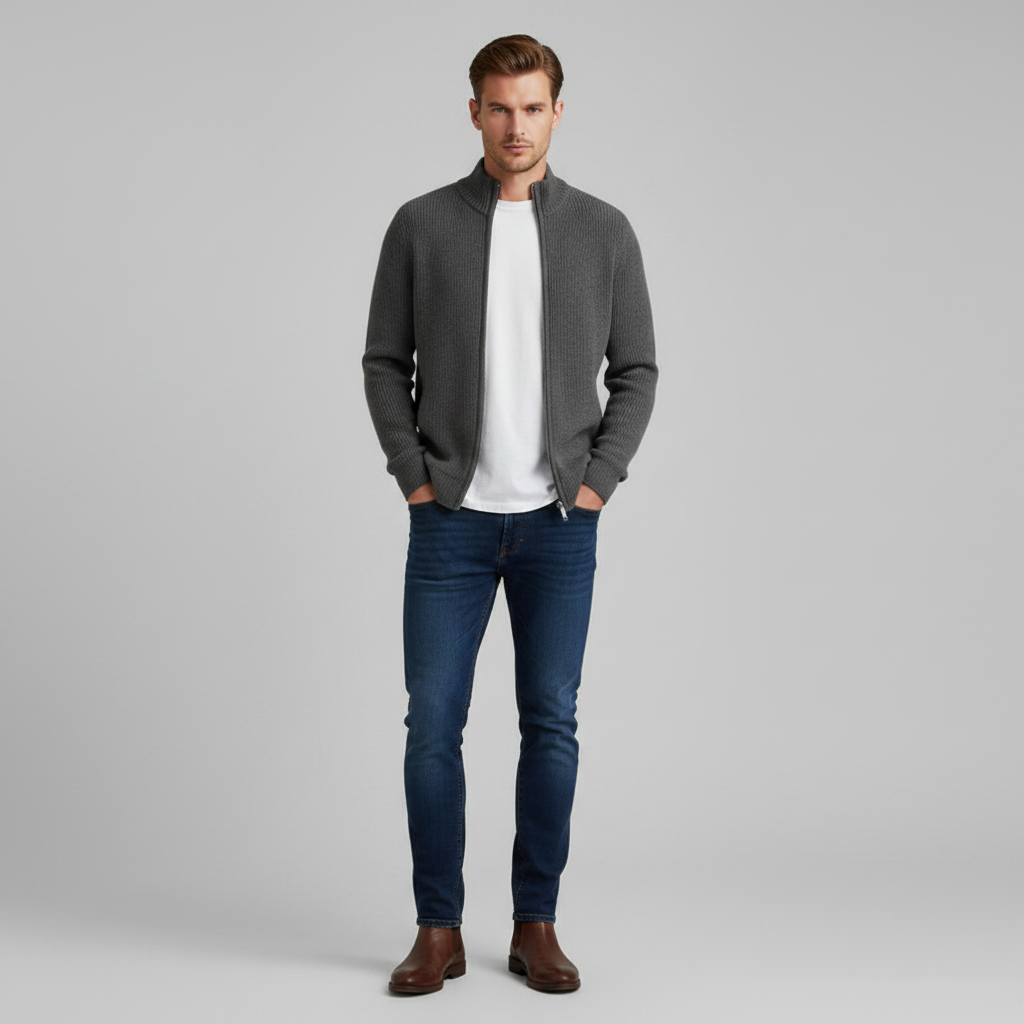 Men's Slim Fit Ribbed Zip-Up Cardigan | Cotton Sweater