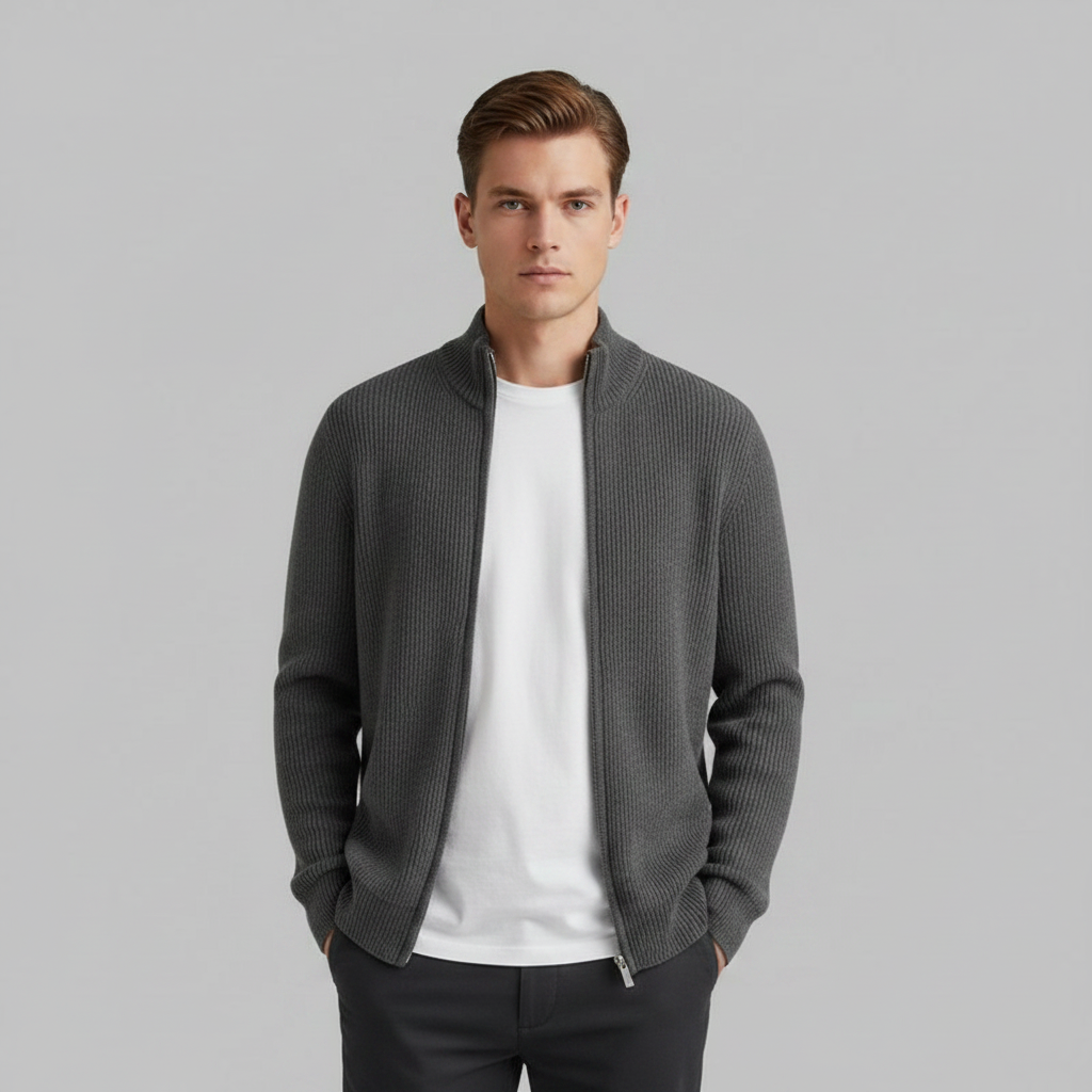 Men's Slim Fit Ribbed Zip-Up Cardigan | Cotton Sweater
