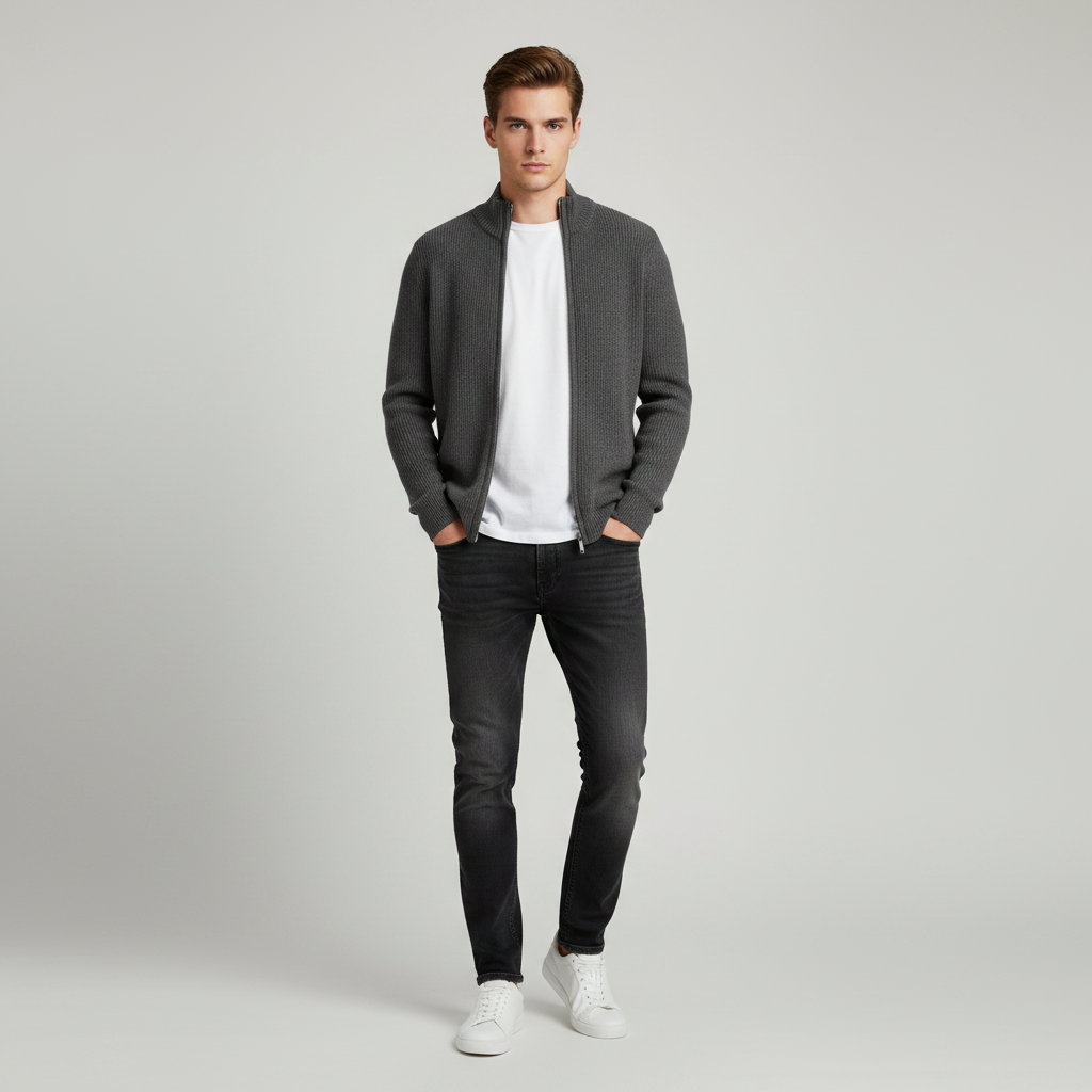 Men's Slim Fit Ribbed Zip-Up Cardigan | Cotton Sweater