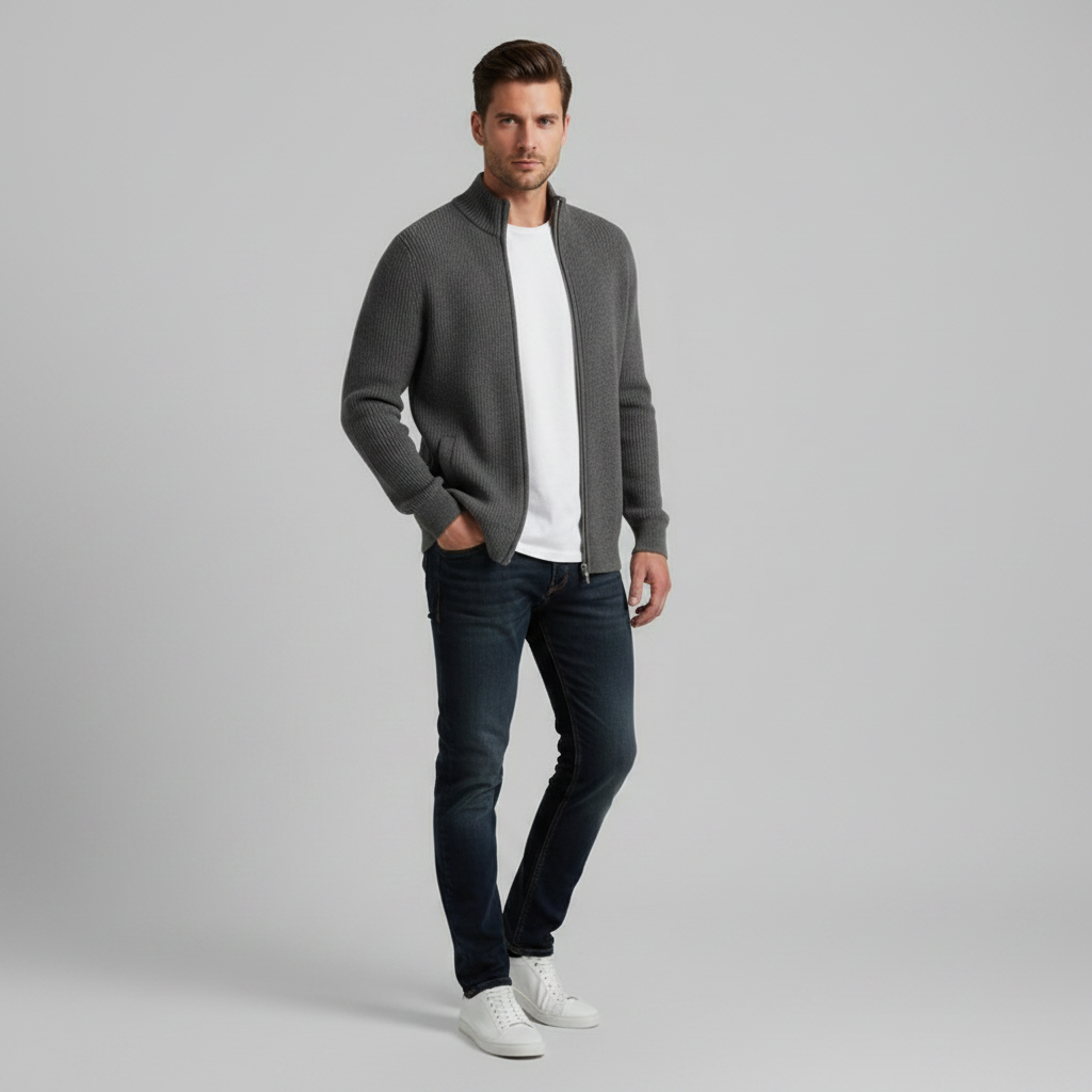 Men's Slim Fit Ribbed Zip-Up Cardigan | Cotton Sweater
