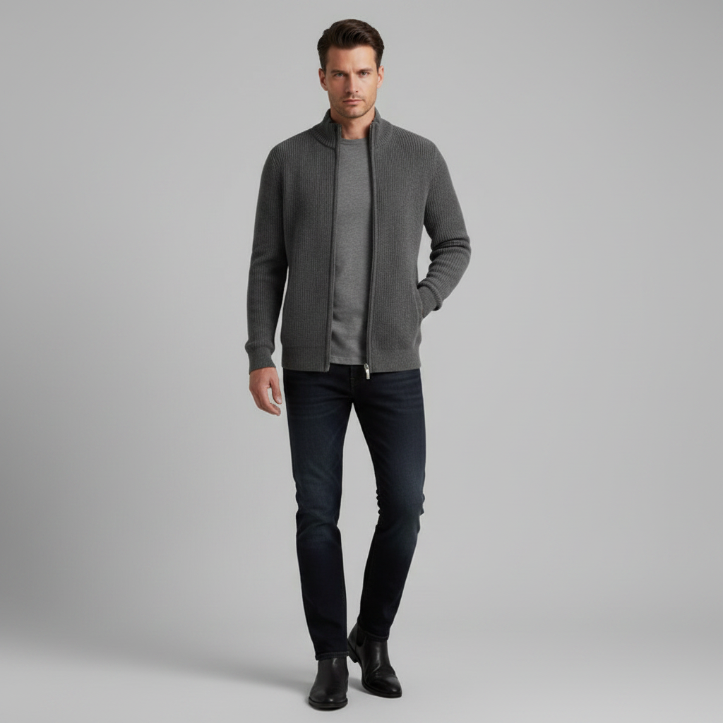 Men's Slim Fit Ribbed Zip-Up Cardigan | Cotton Sweater