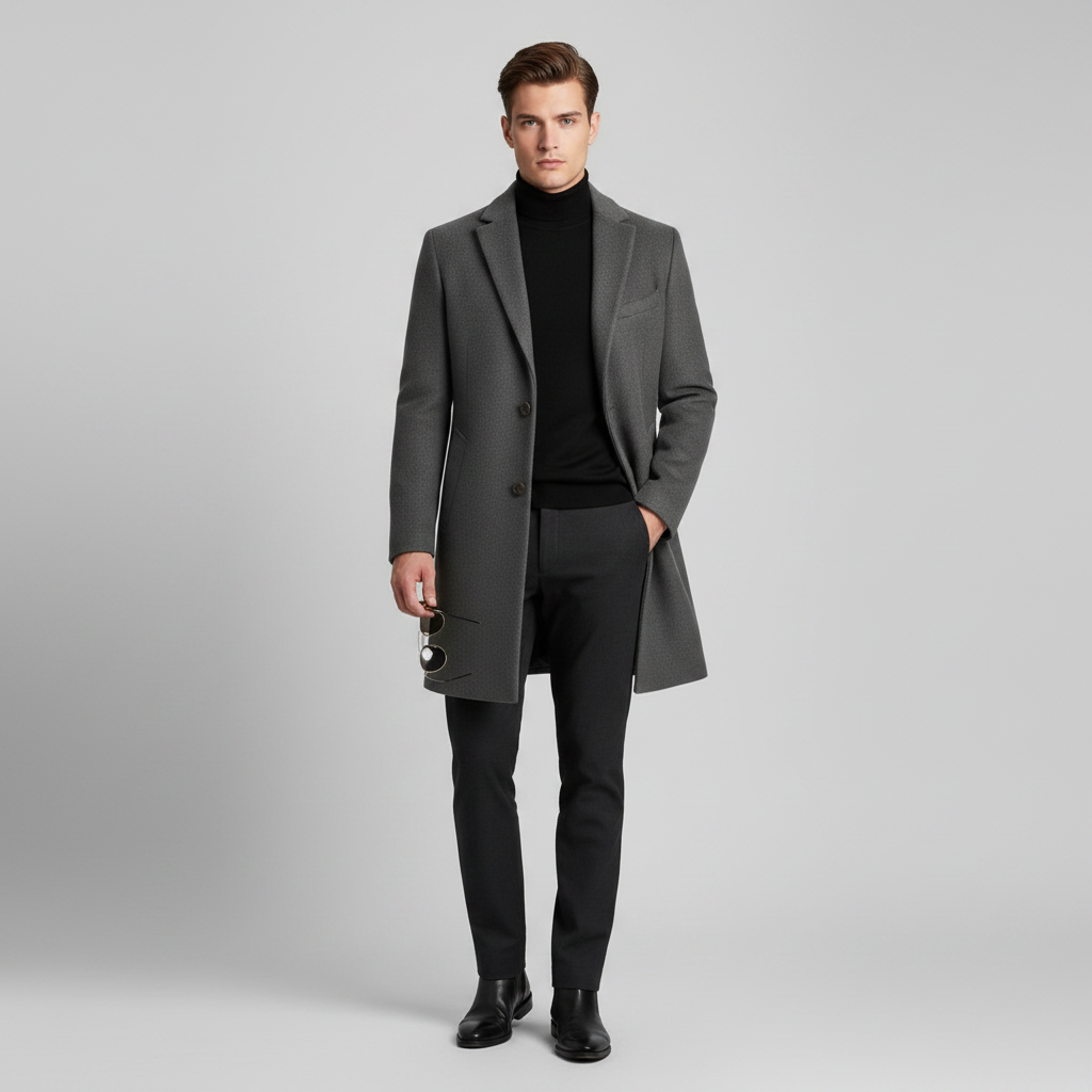 Notched Lapel Men's Coat | Stylish Long Overcoat